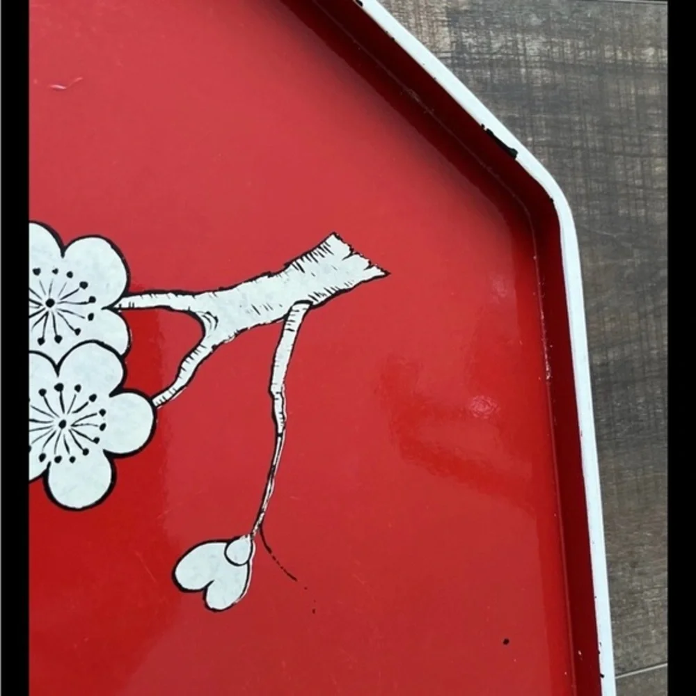 Vintage 1979 M. Kamenstein Red Cream Cherry Blossom Asian Octagonal Serving Tray